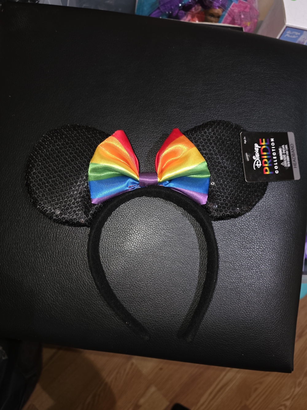 Disney Black Sequin Minnie Ears with Rainbow Bow